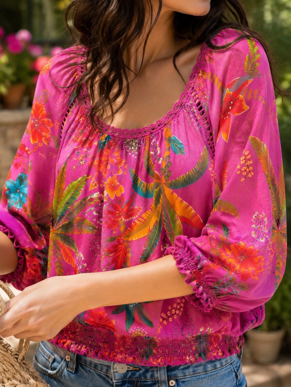 Pink Tropical Floral Boho Peasant Blouse Crochet Accents Balloon Ruffle Sleeve